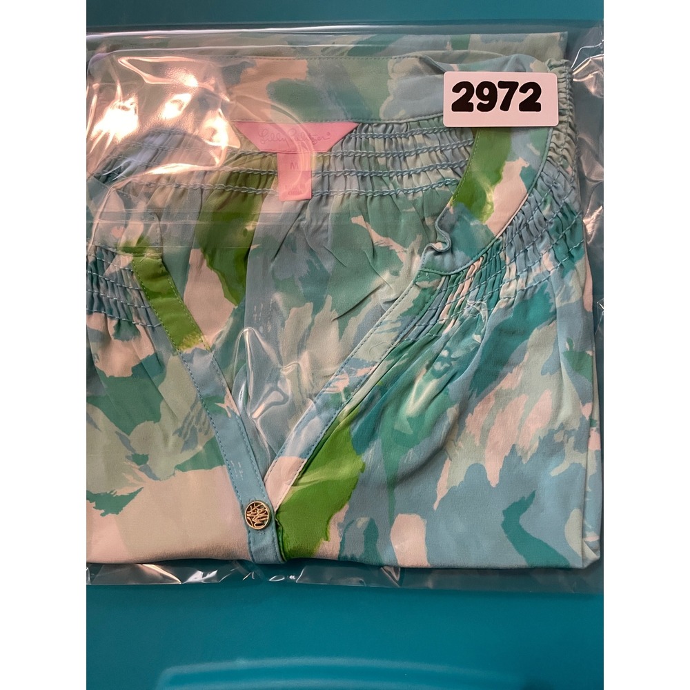 Lilly Pulitzer Blouse Womens M Aqua Green Silk Elsa Floral Excellent Long Sleeve - Picture 8 of 8